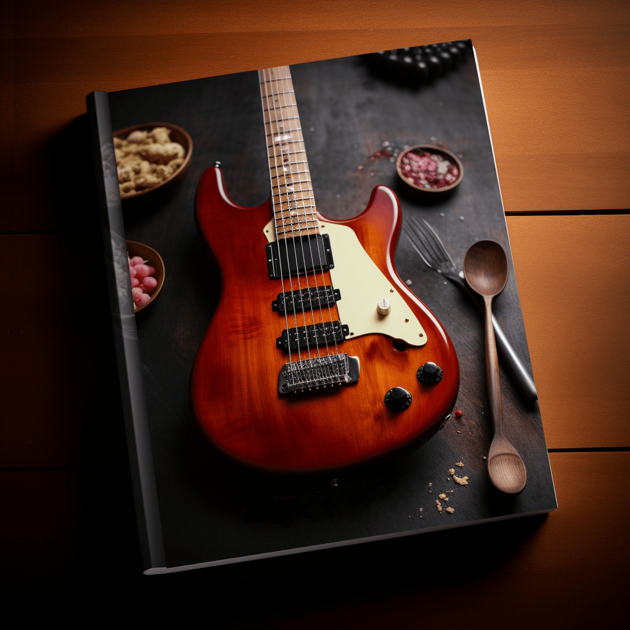 A guitar on a book like a cookbook.